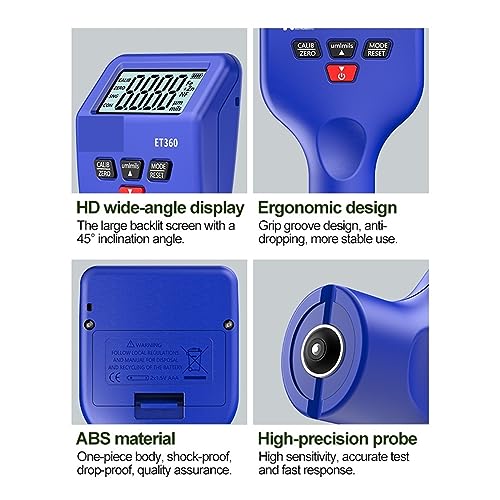 Paint Thickness Meter, ET360 Medidor Magnético de Espesor con Luz de Fondo para Pintura de Autos 0-1500um, Funciona en Baja Temperatura (Negro) miniatura 4