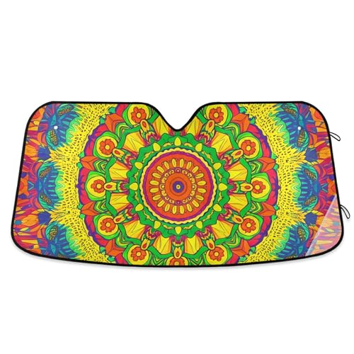 Parasol para parabrisas de coche con diseño de mandala psicodélico colorido arco iris, plegable, universal, para parabrisas delantero, S, 53 x 23.5 pulgadas