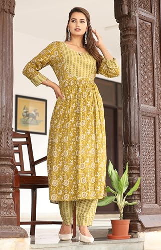Image of Women's Stylish Rayon Nayra Cut Kurta Embroidered Work and Round Neck 3 /4 Sleeve with Pant Dupatta Set