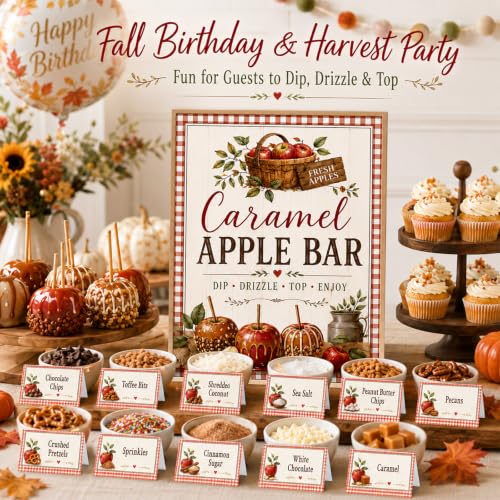 Image of Marspark 14 Pcs Caramel Apple Dipping Bar Station Decorating Set for DIY Candy Apple Corners Fall Dessert Table Sign with Stand and Cards for Fall Autumn Thanksgiving Table Decorations (Vintage)