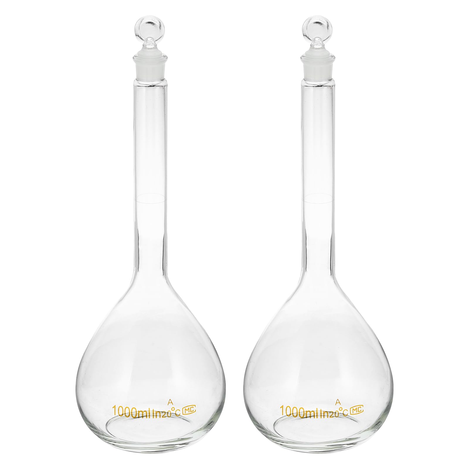 PATIKIL Matraccio Graduato da 1000ml, 2Pz Matraccio Graduato Graduata in Vetro Borosilicato 3.3 con Tappo in Vetro Tolleranza 0.7ml per Esperimenti di Laboratorio, Trasparente