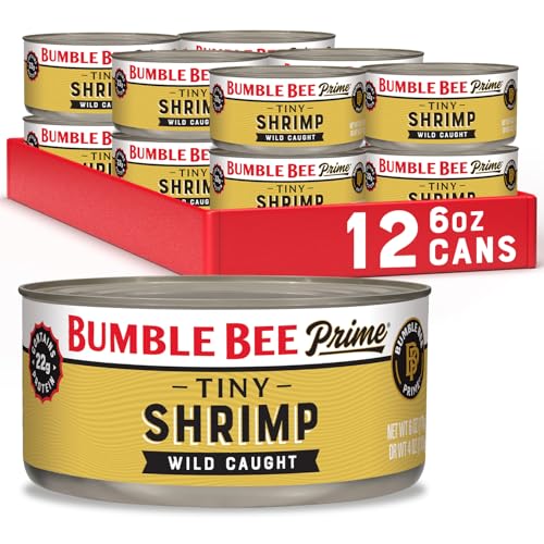 Image of Bumble Bee Prime Tiny Shrimp, 6 oz Cans (Pack of 12) - Wild Caught Canned Shrimp with 22g Protein - Peeled and Deveined Ready to Eat Seafood