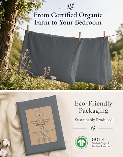 Image of LANE LINEN King Size Fitted Sheet, 100% Organic Cotton, 3-Piece Set (1 Fitted Sheet,2 Pillowcases), Percale Weave, Ultra Soft, Breathable,Fits Mattress Upto 15 inch Deep - Charcoal (No Flat Sheet)