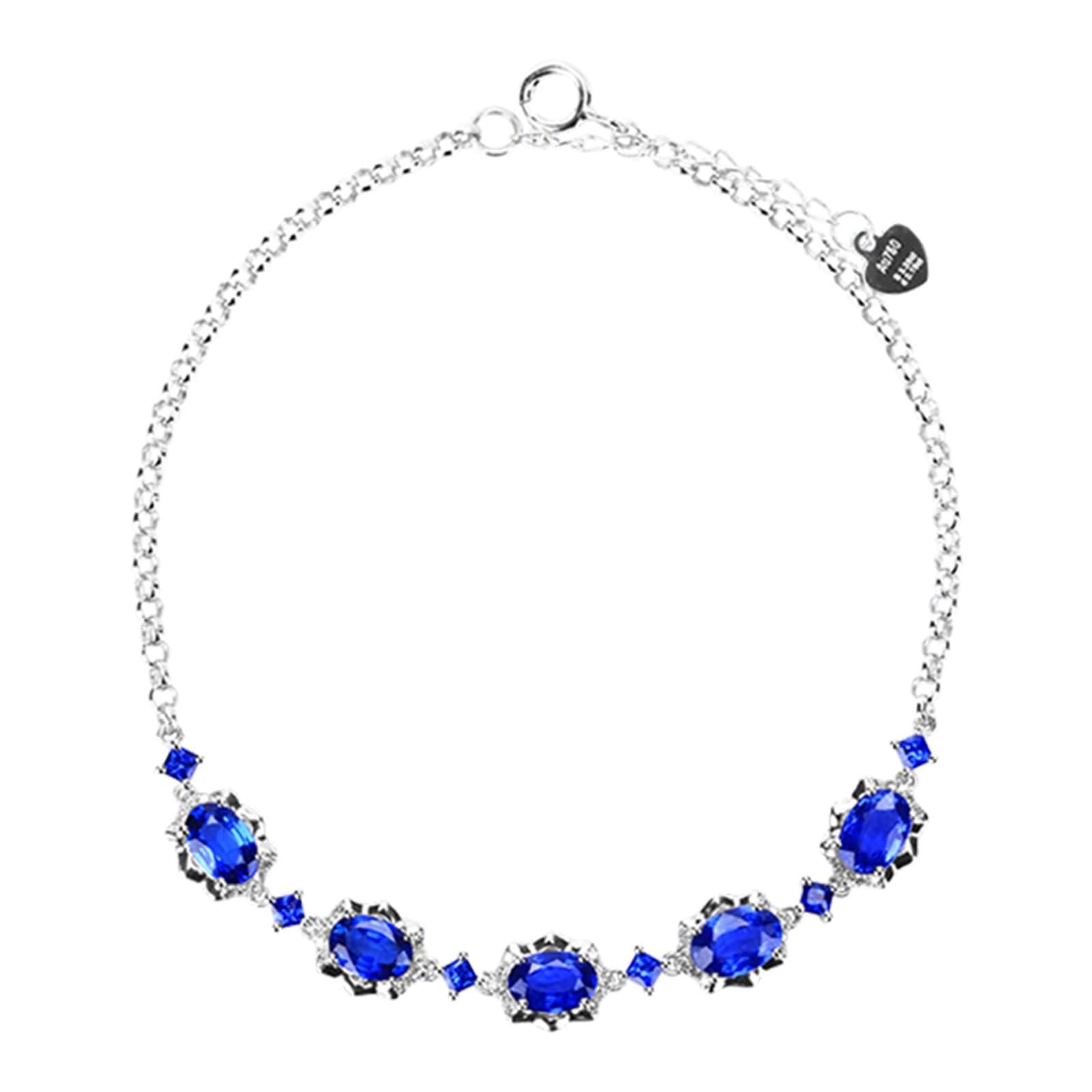 Pulseras Mujer de Oro Blanco 9K / 14K / 18K, Oval con Zafiro Creado de 2,9 ct y Moissanita, Cadena Extensible 16 CM + 5 CM, Pulseras de Plata Azul para Ajustable Mujer