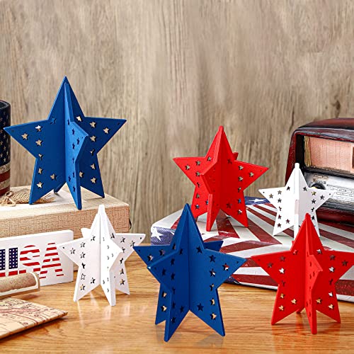 Kathfly 6 Pcs 4th of July Table Decorations 3D Red White Blue Wood Star Centerpieces Flag Day Table Decor Patriotic Day 250th Anniversary Tiered Tray Fourth of July Decoration for Home Office Desk