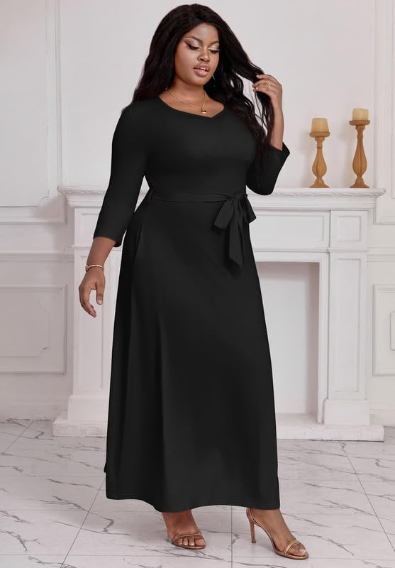 Maxi Dress for Women 3/4 Sleeves V-Neck Semi Formal Church Long Casual Dresses with Pockets - Image 5