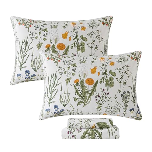 Image of FADFAY 100% Egyptian Cotton Sheets Full Botanical Printed Floral Sheets Yellow Flowers & Leaves Pattern Farmhouse Bedding Soft and Breathable French Country Bedding 4Pcs Deep Pocket Full Sheet Set