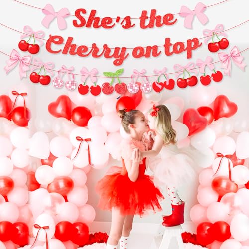 Image of K KUMEED 3PCS Cherry Party Decorations,She's The Cherry On Top Theme Banner, Cherry Garland Decor Summer Fruit for Birthday Baby Shower Wedding Bridal Shower