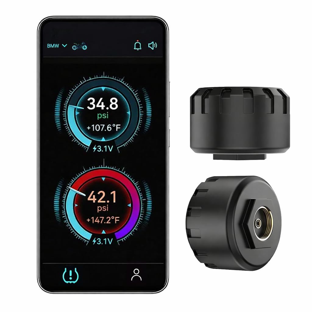Motorcycle Tire Pressure Monitoring System, Bluetooth TPMS for Motorcycles – Real-Time Tire Pressure & Temperature Monitor with Dual External Valve-Stem Sensors, Waterproof Wireless TPMS (2)