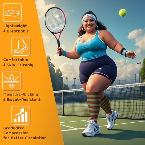 Image of Plus Size Compression Socks for Women & Men 4 Pairs, Wide Calf Extra Large 20-30 mmHg Knee High Support Socks for Travel, Running, Nurse