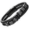COOLSTEELANDBEYOND-Mens-Double-Row-Black-Braided-Leather-Bracelet-Bangle-Wristband-with-Black-Stainless-Steel-Ornaments COOLSTEELANDBEYOND Mens Double-Row Black Braided Leather Bracelet Bangle Wristband with Black Stainless Steel Ornaments