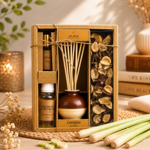 Image of AuraDecor Reed Diffuser Gift Set with Potpourri, Fragrance Oil & 6 Reed Sticks | Air Freshener for Living Room, Bedroom & Office | Decorative Aroma Diffuser Gift Set (Lemon Grass RD 10)