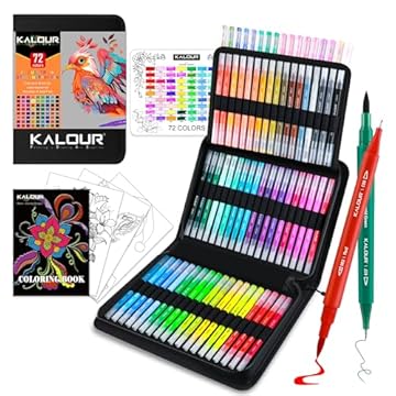 KALOUR Set di 72 Brush Pen, pennello a doppia punta e punta fine, numero di colore e nome, custodia con cerniera, colorazione per adulti, scritte, disegno