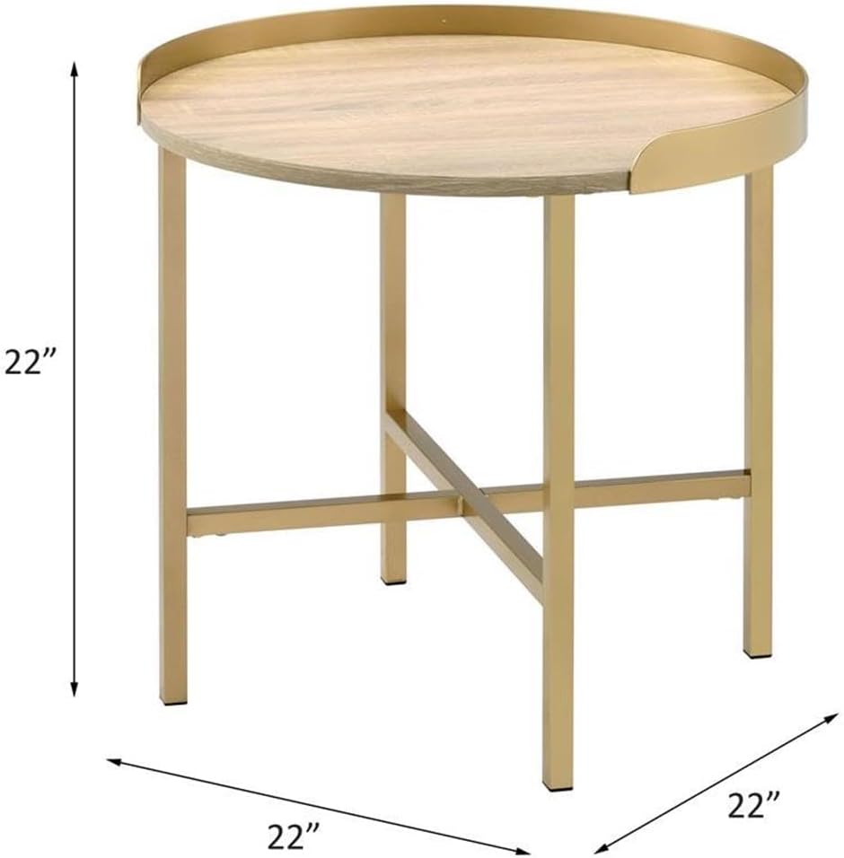 BOWERY HILL Round Wooden End Table, 22" W x 22" D x 22" H, Oak Tray Top, Gold Cross Bar Metal Base, Modern Style, MDF Construction, Living Room Accent Table