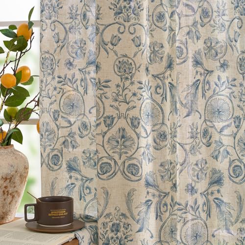 Image of jinchan Linen Floral Curtains for Living Room with Printed Flower 63 Inches Long Light Filtering Farmhouse Window Treatment Vintage Short Drapes Back Tab Rod Pocket 2 Panels Blue on Beige