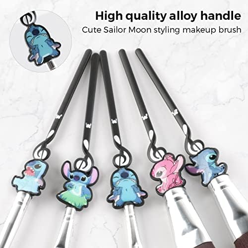 [5 Pcs] Stitch Makeup Brush Set Lilo and Stitch Gifts Cosmetic Brushes for Powder Eyeshadow Blushes Lips, Portable Kawaii Makeup Brush Set, Stitch Gifts for Girl Women