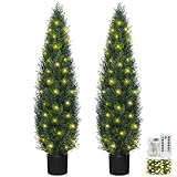4FT Topiary Trees Artificial Outdoors 2 Pack, Two 4 Foot UV Resistant Faux Cedar Topiary Ball for Outdoor Front Porch Door, Set of 2 Fake Pine Cypress Tree with Led String Light