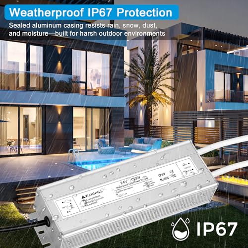 Image of 24V 150W LED Power Supply, IP67 Waterproof LED Driver, AC 110V to DC 24 Volt 6.25A Low Voltage Transformer Converter for Outdoor LED Strip & Landscape Lighting, 3-Prong Plug with 3.3FT Cable
