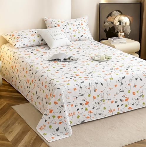 Image of IVAZA 240 TC Soft Ezyption Cotton Floral Print King Size Bedsheet - with 2 Pillow Covers, Hypoallergenic, Brethable, (Size- 90 x 90 Inch) White Orange