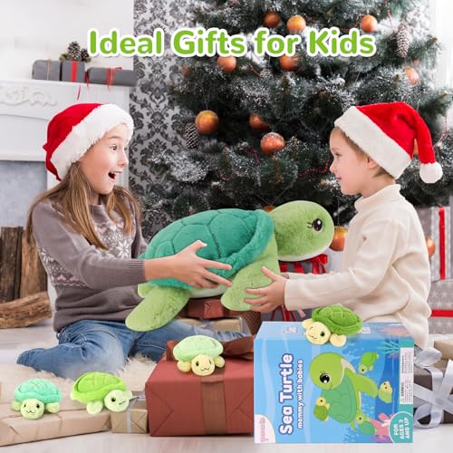 Image of 5 Pieces Turtle Stuffed Animals - 1 Mommy Stuffed Turtle with 4 Babies - Tortoise Gifts for Girls Age 3-8, Tortoise Plush Toys for Christmas, Valentine's, Birthday Gifts