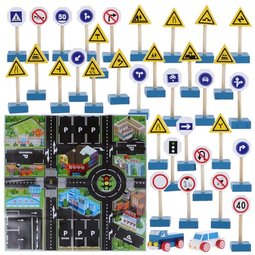 Blocs de signalisation en bois : jeu éducatif de circulation pour maternelle avec 33 panneaux