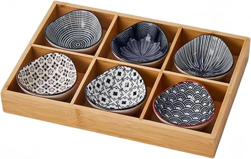 Zdaqian 薬味皿 小皿 小さめ鉢 豆皿 竹製 セラミック製 食器 仕切りトレー付き 多機能 調味料 デザート タレ 醤油 菓子 前菜 副菜 料理屋 火鍋 焼肉屋 寿司屋 家庭用 業務用 (F,6点)