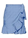 rock lang schwarz festlich Rüschendetail ONLY Damen Kurzer Wickel Rock  Oberschenkellanger Falten Skirt  Stretch Bund & Bindegürtel ONLOLIVIA, Farben:Blau-2, Größe:M