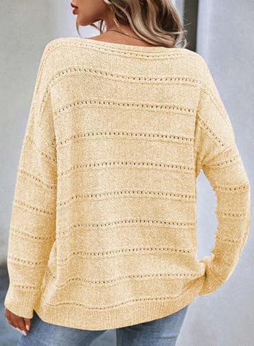 Image of SHEWIN Women's Sweaters Crew Neck Crochet Sweater Lightweight Knit Long Sleeve Tops Shirts Loose Fit Spring 2026