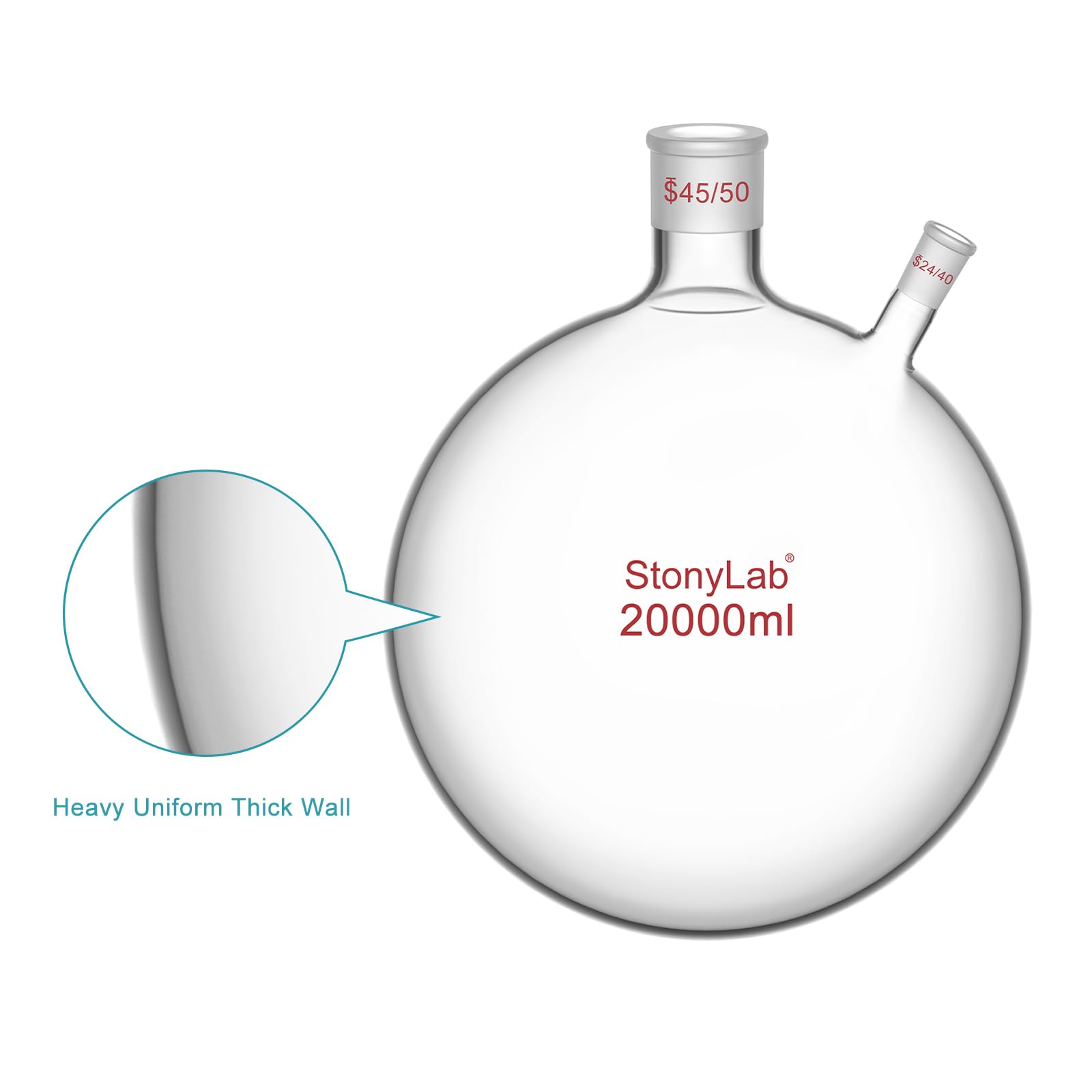 stonylab 20 L Matraz de Fondo Redondo RBF, 2-Cuello Matraz de Laboratorio Paredes Pesadas Vidrio Borosilicato Matraz Hirviendo de Fondo Redondo con 45/50 Centros y 24/40 Conexión Lateral Exterior