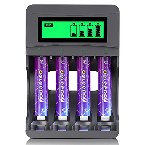 Deleepow 1.5V AAA Lithium Rechargeable Batteries 1500 Cycle Rechargeable Triple AAA Batteries Size 4 Count with USB LCD Display AA AAA 2 H Fast Charger