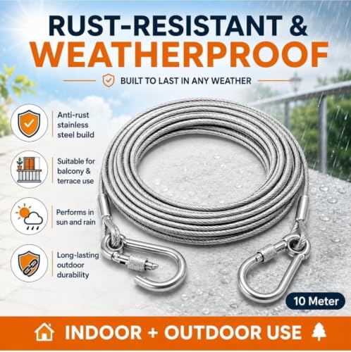 Image of 10 Meter Stainless Steel Clothesline Rope with Carabiner Hooks | Heavy-Duty Rust-Resistant Cloth Drying Wire | Strong Hanging Dori for Balcony, Bathroom, Terrace, Indoor & Outdoor Use