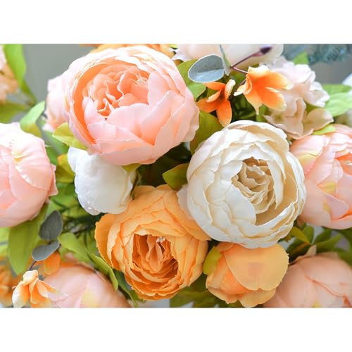 Image of FiveSeasonStuff Garden-Style Ivory, Peach, Orange & Greenery Accents Artificial Peony Bouquet, Two Faux Silk Flower Bundles with Hydrangeas