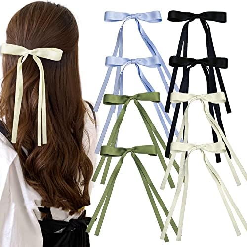 8Pcs Hair Bows for Women Tassel Ribbon Bowknot Hair Clips with Long Tail Solid Bow Hair Clips for Long Hair Accessories Barrettes Claw Hair Bows for Girls 4 Colors (green, blue, black, beige)