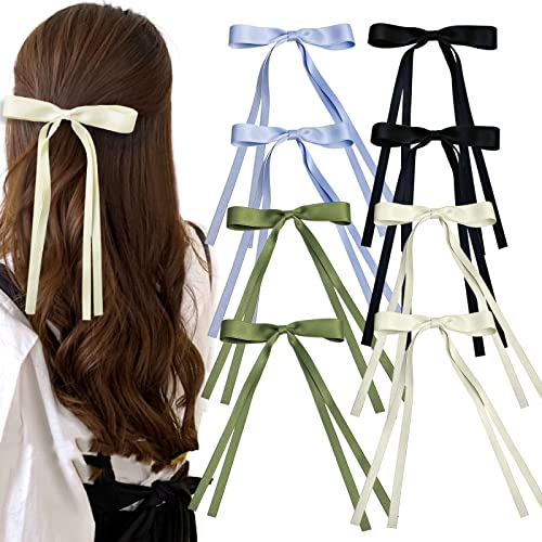 8Pcs Hair Bows For Women Tassel Ribbon Bowknot Hair Clips With Long Tail Solid Bow Hair Clips For Long Hair Accessories Barrettes Claw Hair Bows For Girls 4 Colors (Green, Blue, Black, Beige) #TOP1
