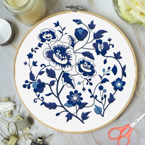 Image of FREEBLOSS 4 Set 12'' Embroidery Kit for Beginners Indigo Flowers Border Pattern Embroidery Kit with Instructions Full Kit of Embroidery Cloth 2 Embroidery Hoops Indigo Blue Series Flosses