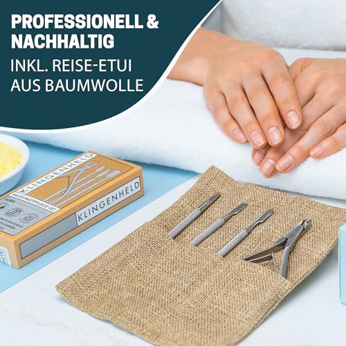 KLINGENHELD® Präzise Nagelhautzange inkl. Nagelhautschieber - Sehr leichtgängig & extra scharf - inkl. Reise-Etui aus Baumwolle 100% plastikfrei & nachhaltig - Nagelhautschere, Nagelhautschneider