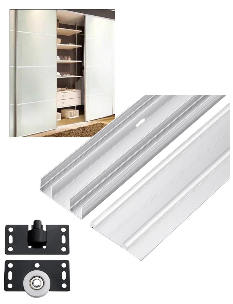 Kit de herrajes para puerta corredera de armario, riel superior e inferior ajustable con rodillos para un funcionamiento suave