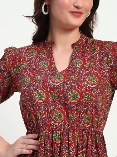 Image of Women's Fit and Flare Dress I Pure Cotton Long Summer Maxi Dress I V-Neck I Casual Wear I Printed Kalamkari Floral Middi