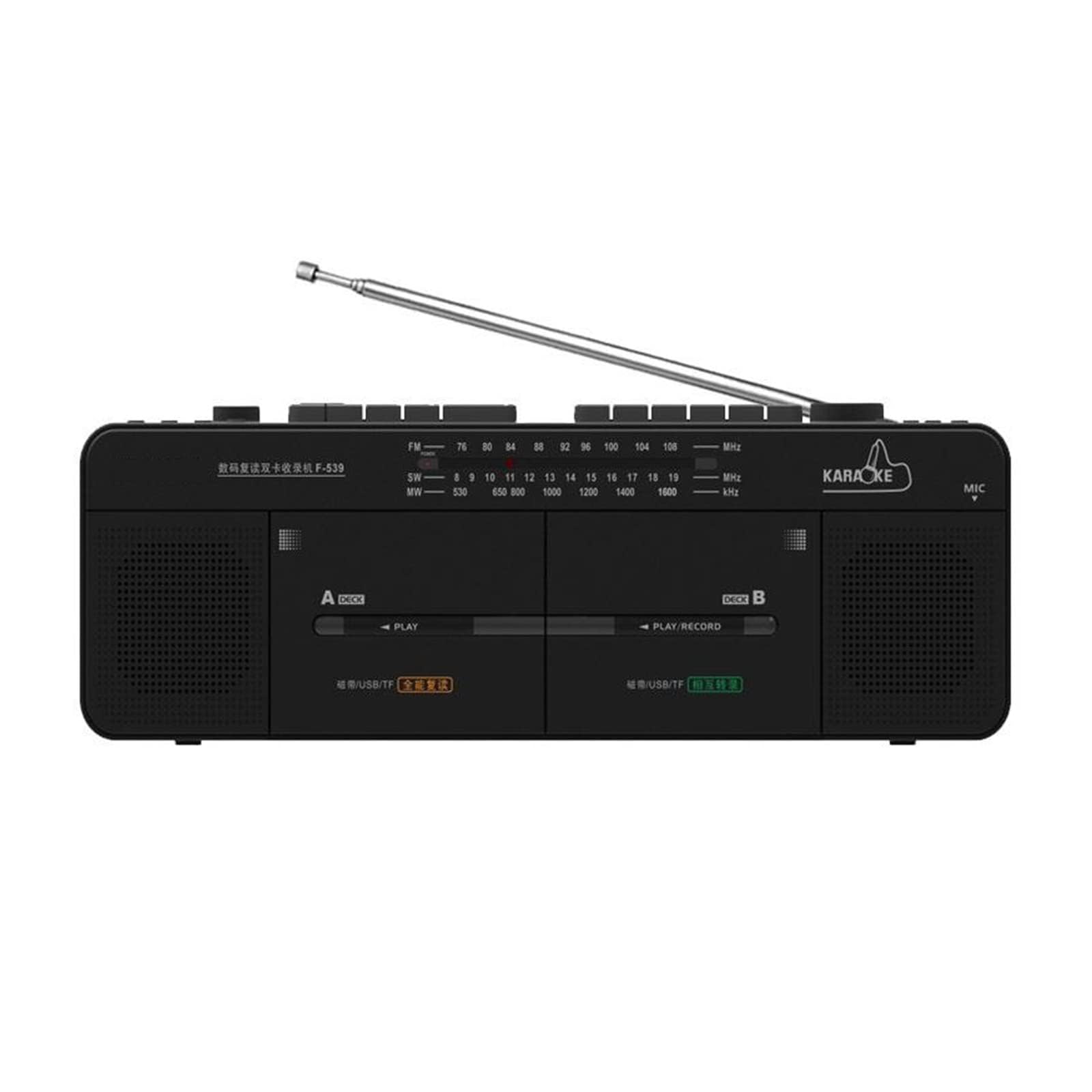 Podwójny magnetofon kasetowy z radiem FM/SW/AM, odtwarzaniem kart MP3/USB/TF, nagrywanie jednym dotknięciem do transkrypcji audio