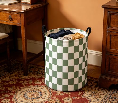 Image of Baby Laundry Hamper Basket Baby Hamper for Nursery Boy and Girl Cute Storage Bin Organizer Boho Room Decor(Green Checkered)