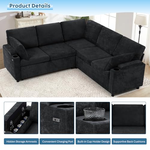 Image of 85 inch Chenille Sectional Sofa w /Pull Out Bed & Storage Space, Black | Upholstery L Shaped Couch w /Cup Holders, Modern Corner Sofa w /USB Charging Port & Throw Pillow for Living Room
