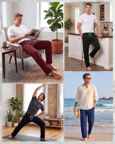 Image of 3 Pack Mens Cotton Pajamas Pants Lounge Pjs Bottoms Sleepwear Bottoms Soft Pants with Pockets Drawstring