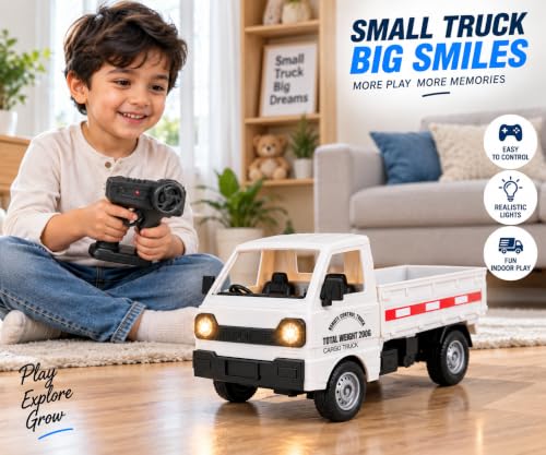 Image of Remote Control Kei Truck Toy Car with LED Lights & Cargo Boxes - 1:16 Scale 2.4 GHz RC Pickup Transport Vehicle for Indoor Outdoor Play | Rechargeable RC Truck for Kids, Teens & Adults