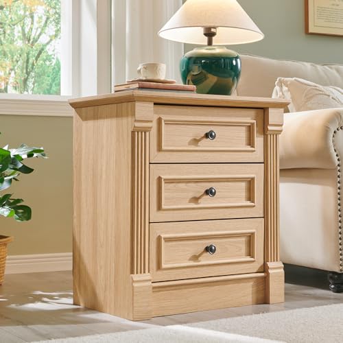 Image of Aitjunz 26 inch Tall Nightstand with Charging Station, Farmhouse 23.6 inch Wide Large End Table w /Roman Column, Wood Rustic Side Table w /Metal Handle, 3 Drawers Dresser for Bedroom, Living Room, Natrual