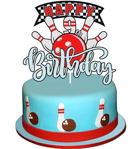Caiwowo Bowling Happy 9th Birthday Cake Topper - Sports Bowling 9th Birthday Party Glitter Cake Topper For Boys - Game Day Party Bowling Alley Decoration