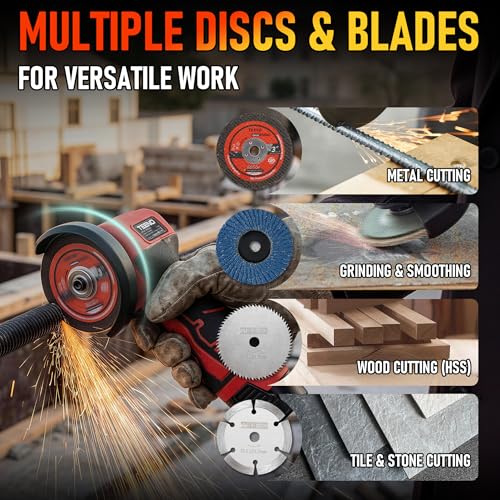 TEENO Cordless Angle Grinder Kit, 19,500 RPM Mini Electric Angle Grinding Tool with 2 pcs 16.8V 2000mAh Batteries and 6 Cutting Discs, 3-Inch Handheld Grinder for Metal/Wood Cutting and Grinding by TEENO - Image 8