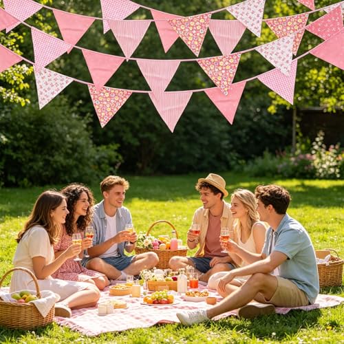 Image of Zwiebeco 32Ft Light Pink Fabric Floral Pennant Banner Bunting Cotton Flowers Triangle Flags Party Decorations for Birthday Wedding Engagement Bridal Baby Shower Rustic Village Sweet Home Garden Decor