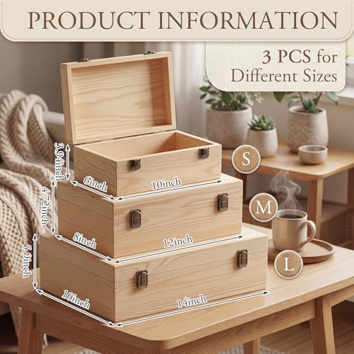 Sliner 3 Pcs Wooden Decorative Storage Boxes with Lids Vintage Wood Organizer Bins for Your Bookshelf Home Decor Safely Store Photos Documents Memory Jewelry Craft Storage (Natural Wood,S M L Size) — view 3