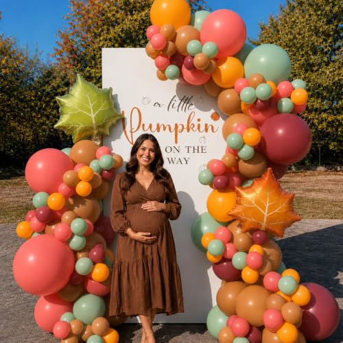Image of Sage Green Orange Balloons with 2 Pcs Big Maple Leaves Acorn Balloons | 12 Inch Fall Burgundy Pink Brown Latex Balloons for Thanksgiving Baby Showers Birthdays Autumn Harvest Party Decorations
