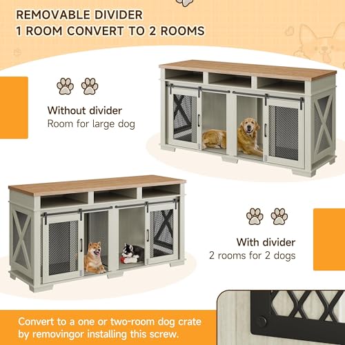 71\" Dog Crate Furniture, Extra Large Wooden Double Dog Crate with 3 Storages and Removable Divider, Furniture Style Dog Crate Table Indoor TV Stand for Large Medium Dogs, White